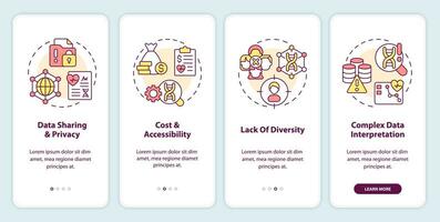 Challenges and limitations onboarding mobile app screen. Genetics walkthrough 4 steps editable graphic instructions with linear concepts. UI, UX, GUI template vector