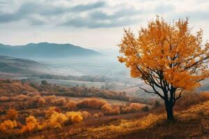 un solitario árbol en el medio de un otoño paisaje generativo ai foto