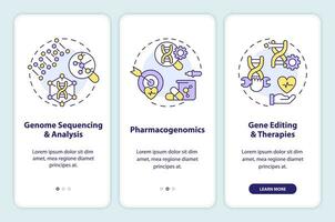 Genomic medicine onboarding mobile app screen. Genes study walkthrough 3 steps editable graphic instructions with linear concepts. UI, UX, GUI template vector