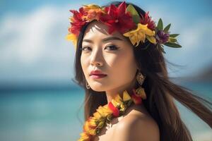 retrato de un asiático mujer en tropical playa generativo ai foto