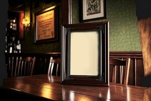 Mockup of vertical wooden empty frame in pub interior illustration photo