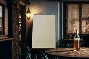 Mockup of vertical empty poster in wooden pub interior photo