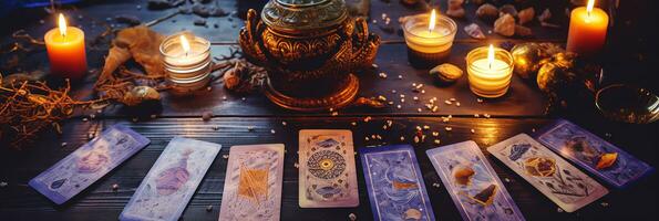mystical ritual with candles and tarot cards, top view photo