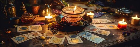 mystical ritual with candles and tarot cards, top view photo