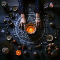 mystical ritual with candles and magic stones, top view photo