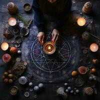 mystical ritual with candles and magic stones, top view photo