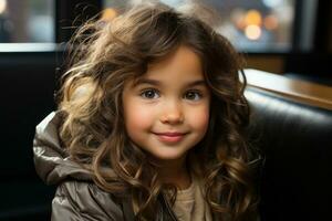 a little girl with long curly hair sitting in a chair generative ai photo