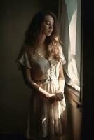 natural retrato de un europeo joven niña en sencillo rústico ropa en pie por el ventana, natural foto, suave luz, ai generativo Arte foto
