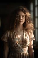natural portrait of a European young girl in simple rustic clothes standing by the window, natural photo, soft light, art photo