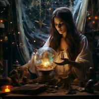 young beautiful girl fortune teller with a magic ball. mysticism, divination and divination photo