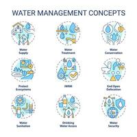 Water management concept icons set. Natural resources consumption planning idea thin line color illustrations. Isolated symbols. Editable stroke vector