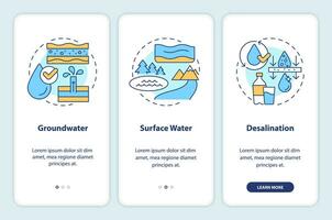 Fresh water supply sources onboarding mobile app screen. Walkthrough 3 steps editable graphic instructions with linear concepts. UI, UX, GUI template vector