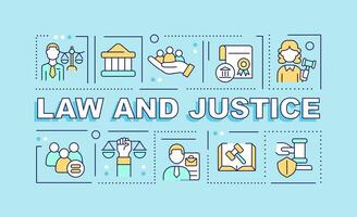 Law and justice word concepts blue banner. Legal cases. Infographics with editable icons on color background. Isolated typography. Vector illustration with text