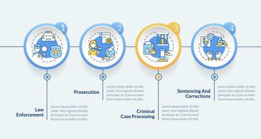 Justice system blue circle infographic template. Public safety. Data visualization with 4 steps. Editable timeline info chart. Workflow layout with line icons vector