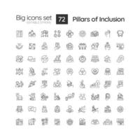 Pillars of inclusion linear icons set. Sustainable development. Social justice. Safe environment. Fair treatment. Customizable thin line symbols. Isolated vector outline illustrations. Editable stroke