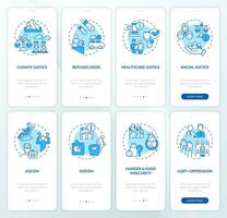 Social problems blue onboarding mobile app screen set. Justice issues walkthrough 4 steps editable graphic instructions with linear concepts. UI, UX, GUI template vector