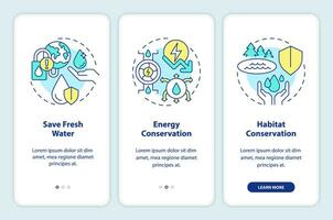 Water conservation aims onboarding mobile app screen. Walkthrough 3 steps editable graphic instructions with linear concepts. UI, UX, GUI template vector