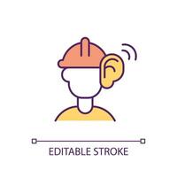 Worker in helmet listening attentively RGB color icon. Employee hearing suspicious sounds. Safety in workplace. Isolated vector illustration. Simple filled line drawing. Editable stroke