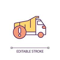 Warning about construction site machinery RGB color icon. Dump truck with exclamation mark. Transport restriction. Isolated vector illustration. Simple filled line drawing. Editable stroke