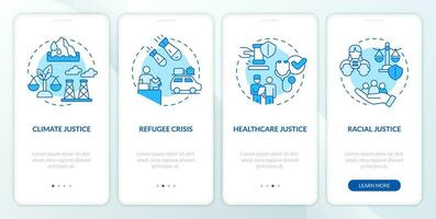 Social justice examples blue onboarding mobile app screen. Walkthrough 4 steps editable graphic instructions with linear concepts. UI, UX, GUI template vector