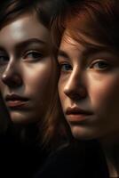 Portrait of two brown-hair women, close-up, natural soft lighting, ai generated art photo