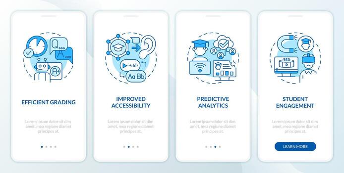 4 4 pasos 2d azul íconos representando ai en educación, gráfico instrucciones con lineal conceptos, aplicación pantalla. vector