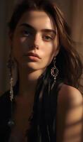 portrait of a European brunette close-up in chic jewelry , natural studio photo, warm filter, art photo