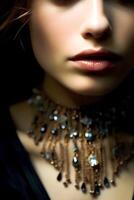 Cropped portrait of a European blonde close-up in chic jewelry , natural studio photo, warm filter, art photo