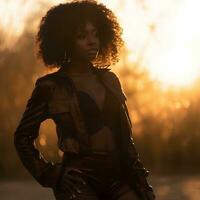 portrait of a black woman in golden fashionable clothes against the background of the setting sun, natural photo in the field, ,soft light, ai generative art