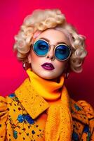 Bright vibrant portrait of a curly blonde in blue glasses, professional studio photo, bright lighting, ai generative art photo