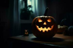 Pumpkin with light face on table in dark interior photo