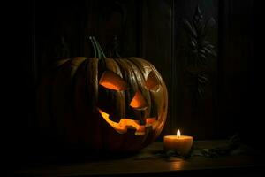 Pumpkin with light face on table in dark interior photo