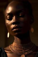 portrait of a chic black woman close-up in luxury jewelry , natural studio photo, warm filter, ai generative art photo