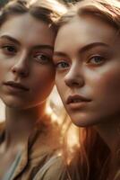 Portrait of two blonde women, close-up, natural soft lighting, ai generated art photo