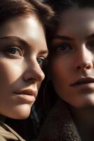 Portrait of two blonde women, close-up, natural soft lighting, art photo