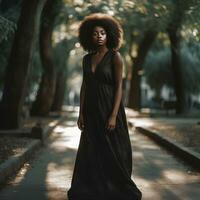 portrait of a black woman, full-length, natural light, outdoors, warm filter, ai generative art photo