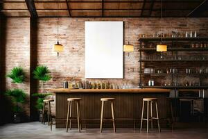 Mockup of vertical empty poster in Loft bar interior photo