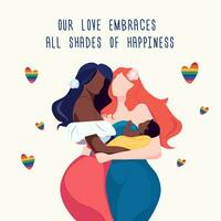 lgbt tarjeta postal, muchachas lesbiana Pareja participación bebé. racial igualdad, piel color, diferencia vector