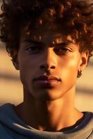 Serious portrait of a European man with curly hair, close-up, soft light, art created by artificial intelligence, art photo