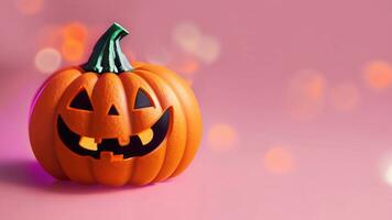 Halloween cute pumpkin on pink bokeh effect background. Ai Generative. photo