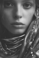 Monochrome portrait of a European red-hair girl close-up in chic jewelry , natural studio photo, warm filter, art photo