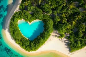 Tropical island with a heart-shaped pool shot by drone photo