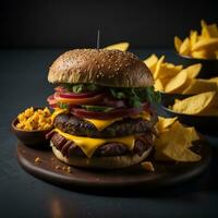 a delicious triple meat burger with bacon and yellow cheese, accompanied with potato chips on the table photo