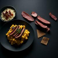 delicious meat dish with bacon and yellow cheese, accompanied with potato chips on the table photo