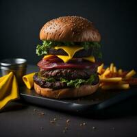 a delicious triple meat burger with bacon and yellow cheese, accompanied with potato chips on the table photo