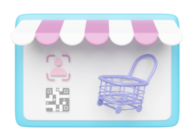 3d identity verification with face, qr code scanner, tablet computer, store front, shopping carts or basket isolated. online shopping concept, 3d render illustration png