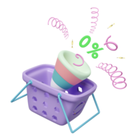 3d explosion smällare med korg, rabatt märka isolerat. inköp mål, handla marknadsföring befordran bonusar begrepp, 3d framställa illustration png