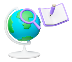 3d planet earth model, globe rotating on stand with open book, magnifying glass, pencil icon isolated. education, studying, researching concept, 3d render illustration png