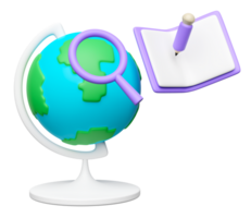 3d planet earth model, globe rotating on stand with open book, magnifying glass, pencil icon isolated. education, studying, researching concept, 3d render illustration png