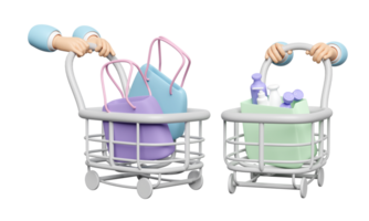 3d hand pushing a shopping cart with shopping paper bags, miscellaneous isolated. purchase target, enjoy shopping concept, 3d render illustration png